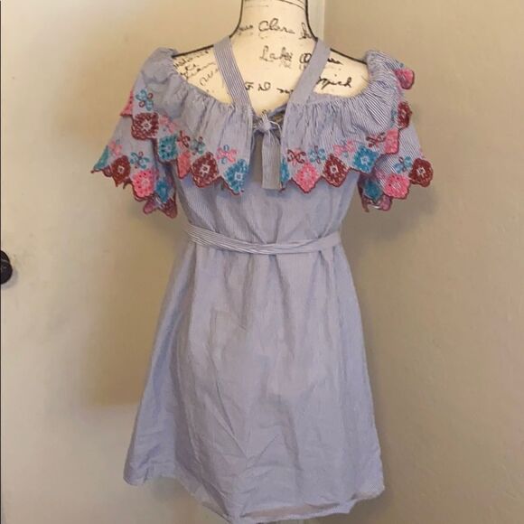 Loft Stripe Ruffle Boho Embroidered Dress Vacation Cruise Resort Wear New - Picture 5 of 16